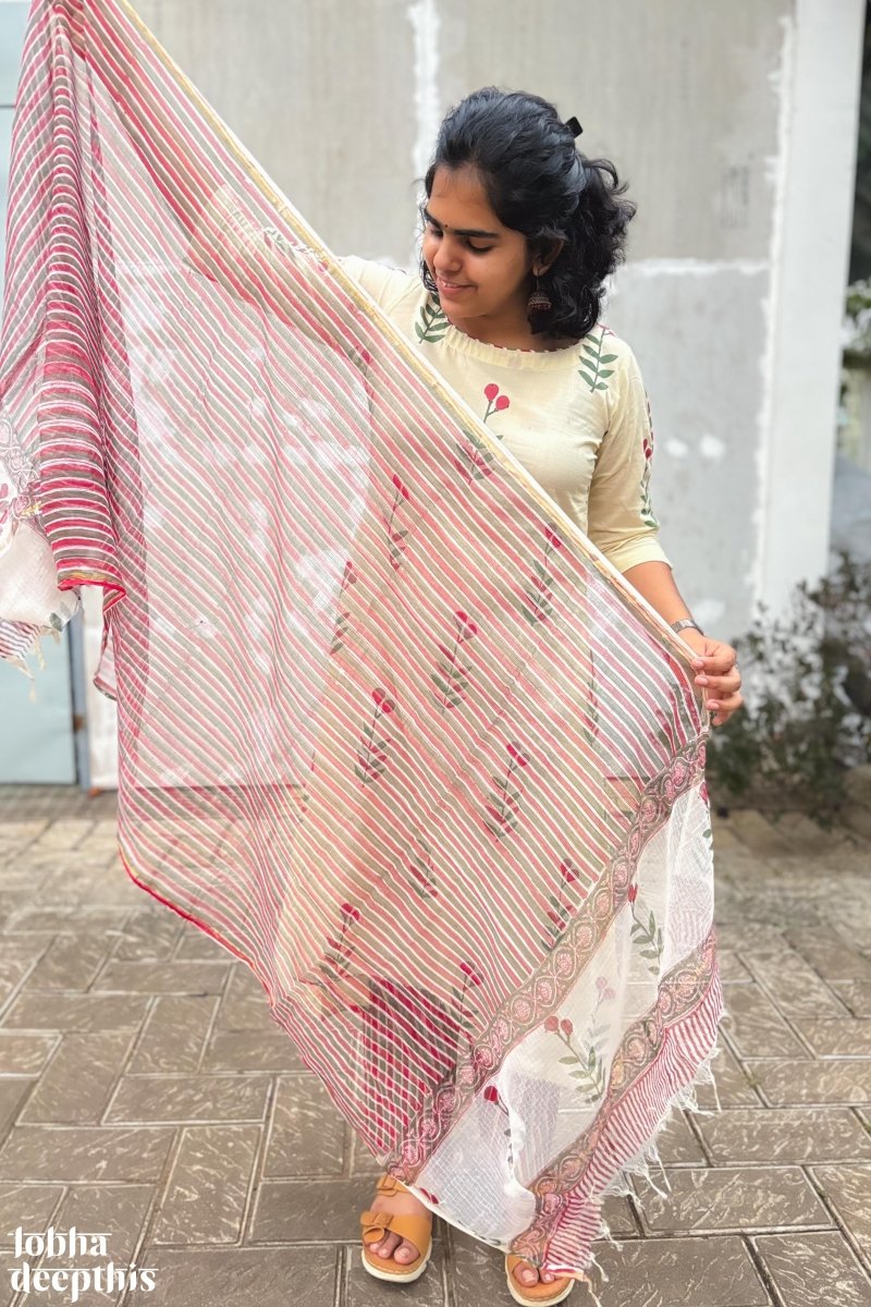 MaroonGreen Stripes on Cream Sanganeri Kota Doria Dupatta - Lobha Deepthis