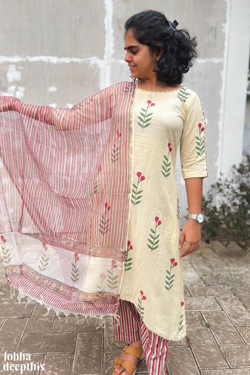 MaroonGreen Stripes on Cream Sanganeri Kota Doria Dupatta - Lobha Deepthis