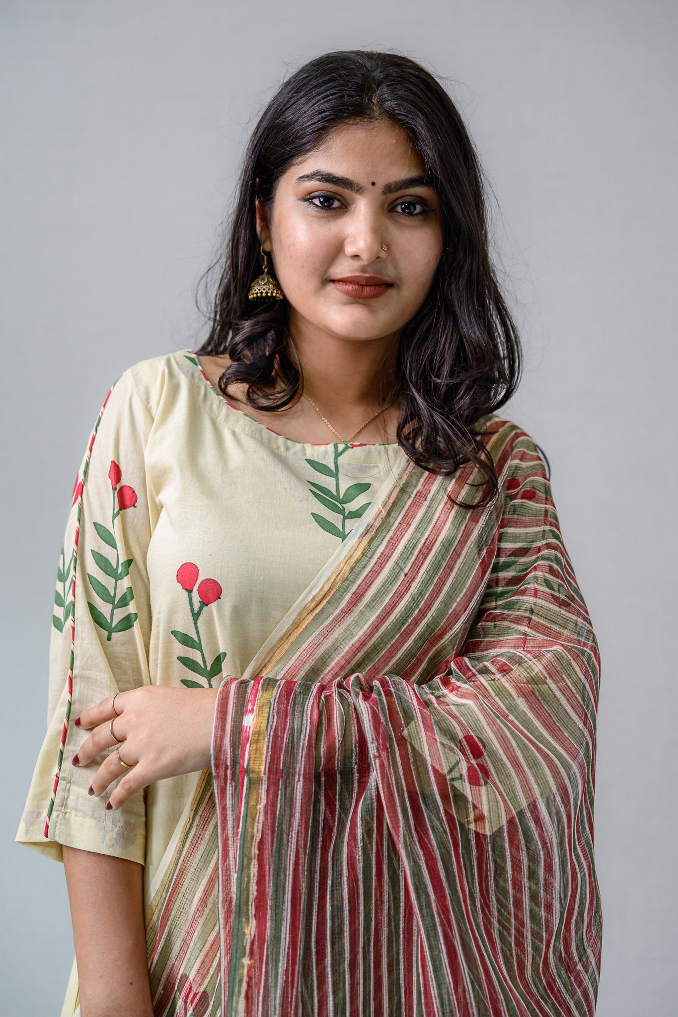 MaroonGreen Stripes on Cream Sanganeri Kota Doria Dupatta - Lobha Deepthis