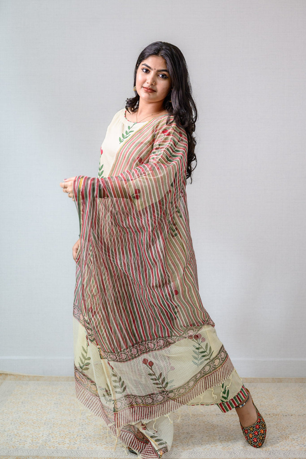MaroonGreen Stripes on Cream Sanganeri Kota Doria Dupatta - Lobha Deepthis
