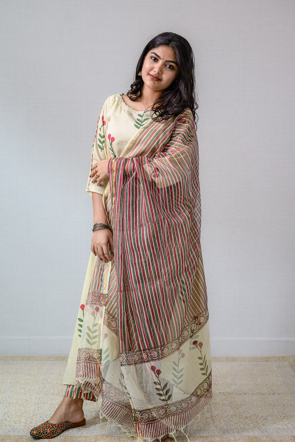 MaroonGreen Stripes on Cream Sanganeri Kota Doria Dupatta - Lobha Deepthis