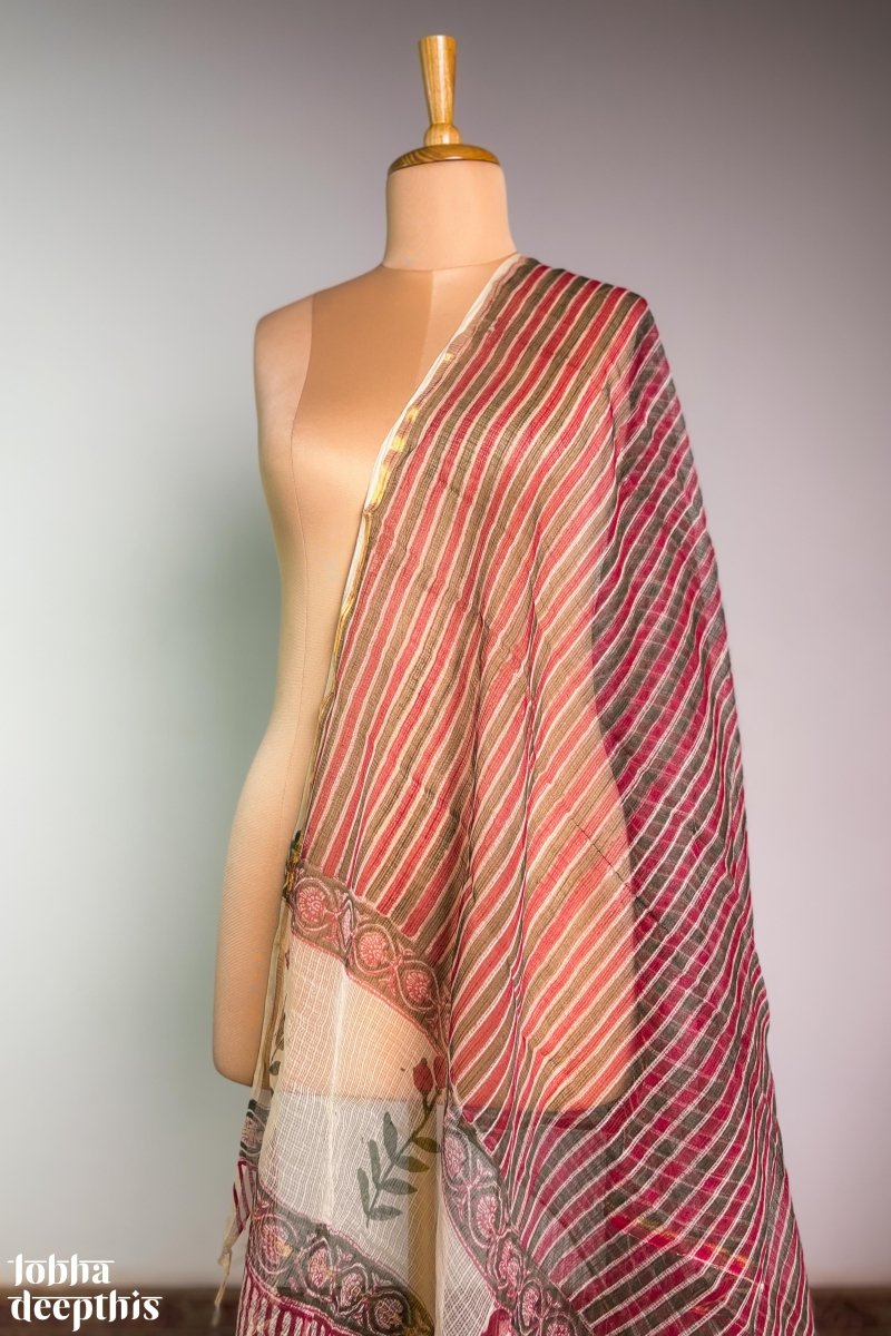 MaroonGreen Stripes on Cream Sanganeri Kota Doria Dupatta - Lobha Deepthis