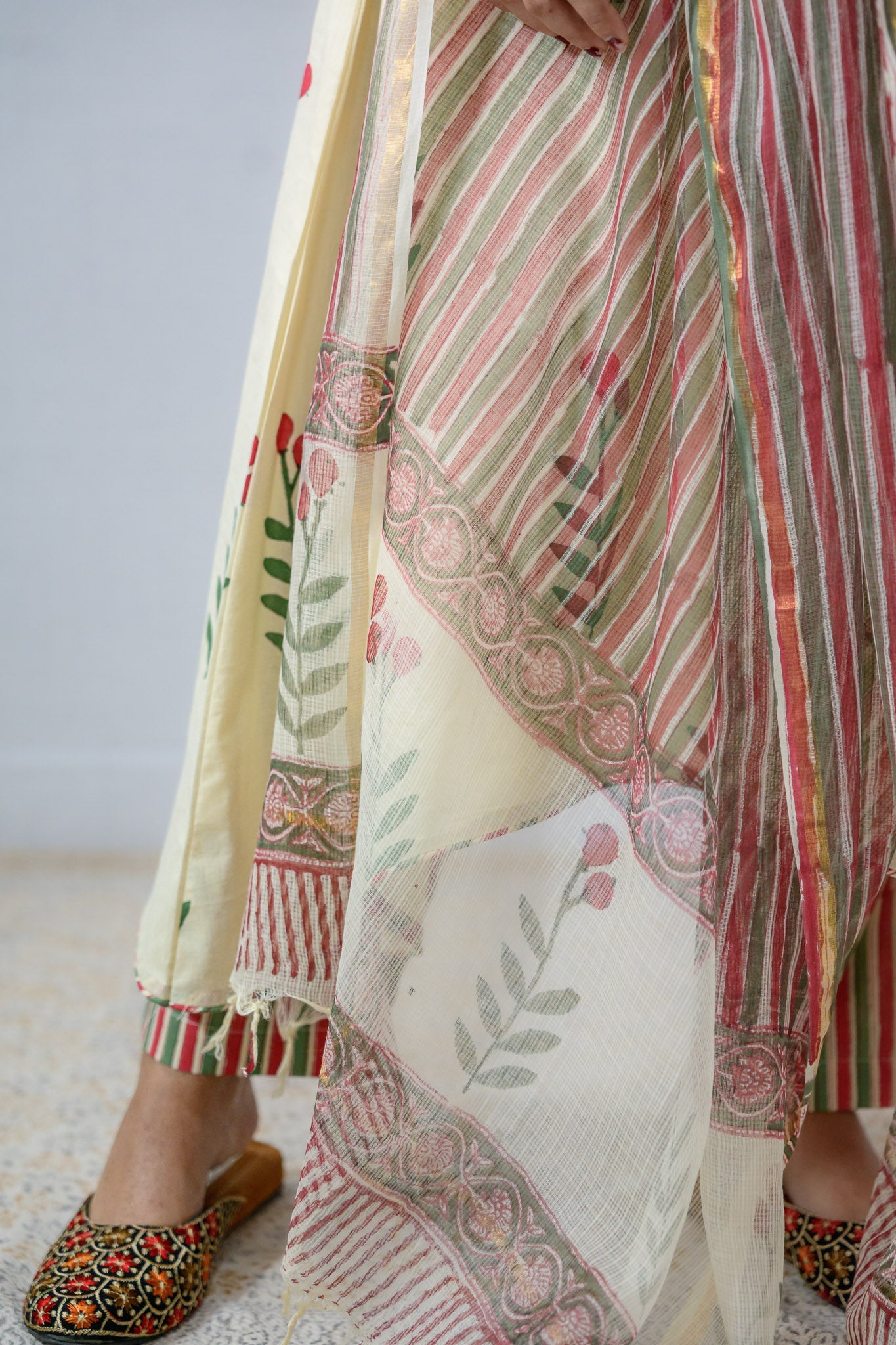 MaroonGreen Stripes on Cream Sanganeri Kota Doria Dupatta - Lobha Deepthis