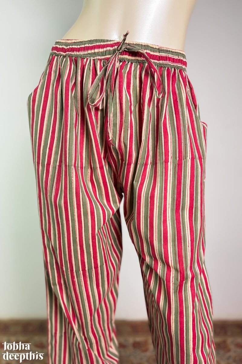 MaroonGreen Stripes on Cream Sanganeri Straight Pants - Lobha Deepthis