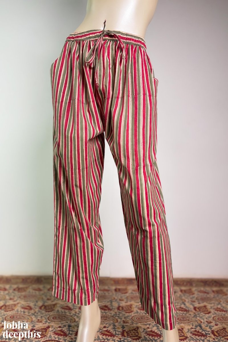 MaroonGreen Stripes on Cream Sanganeri Straight Pants - Lobha Deepthis