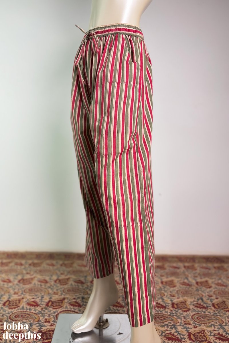 MaroonGreen Stripes on Cream Sanganeri Straight Pants - Lobha Deepthis