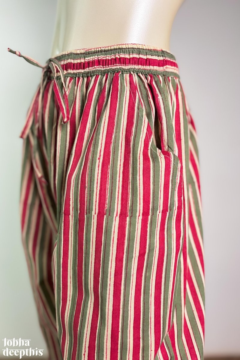 MaroonGreen Stripes on Cream Sanganeri Straight Pants - Lobha Deepthis