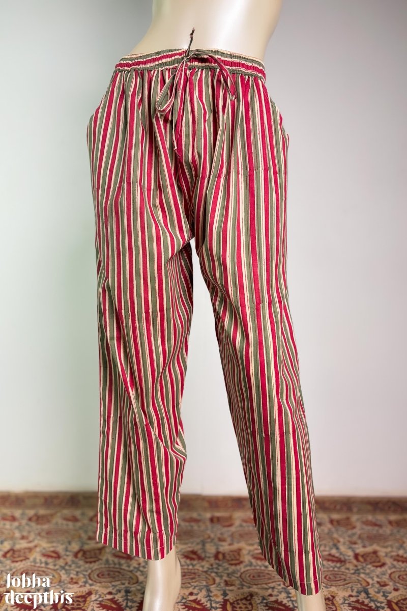 MaroonGreen Stripes on Cream Sanganeri Straight Pants - Lobha Deepthis