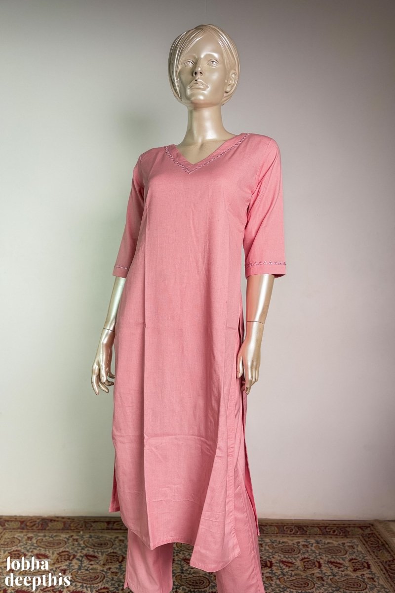 Mirrors on Pink Cotton Flax Kurta - Lobha Deepthis