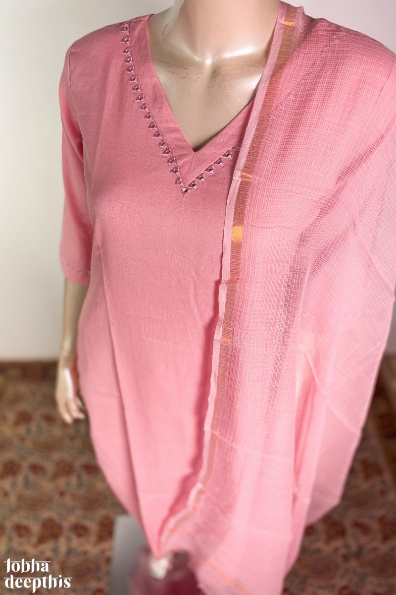 Mirrors on Pink Cotton Flax Kurta - Lobha Deepthis