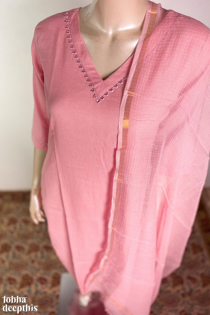 Mirrors on Pink Cotton Flax Kurta - Lobha Deepthis