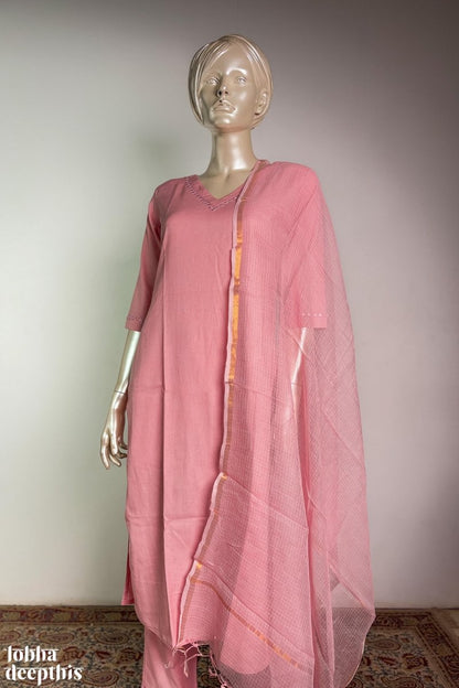 Mirrors on Pink Cotton Flax Kurta - Lobha Deepthis