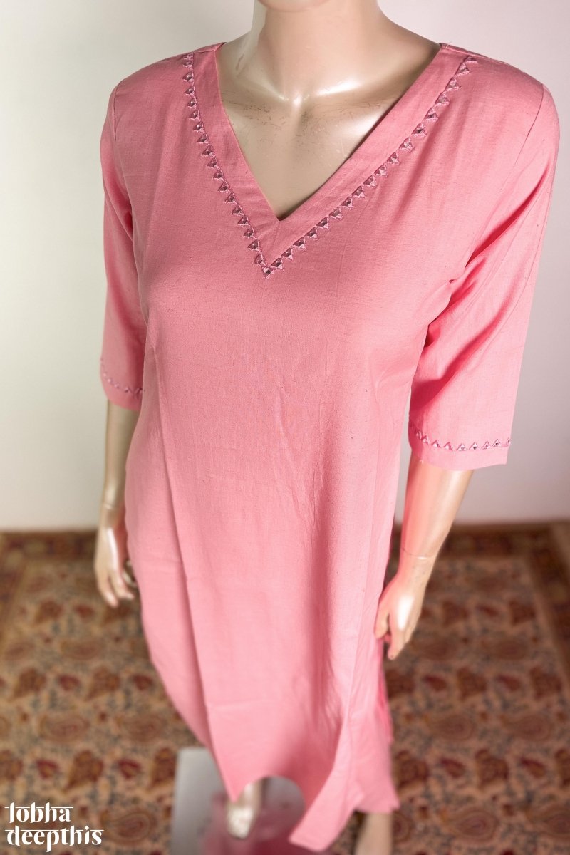 Mirrors on Pink Cotton Flax Kurta - Lobha Deepthis