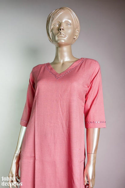 Mirrors on Pink Cotton Flax Kurta - Lobha Deepthis