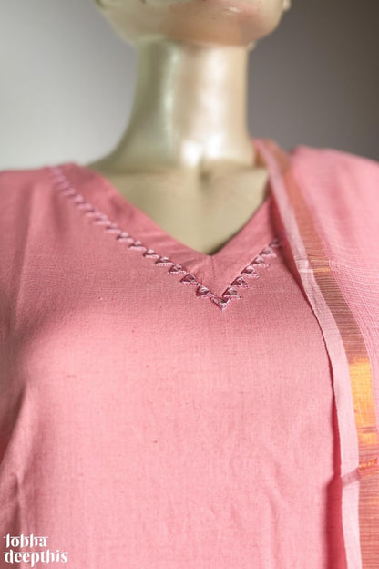 Mirrors on Pink Cotton Flax Kurta - Lobha Deepthis