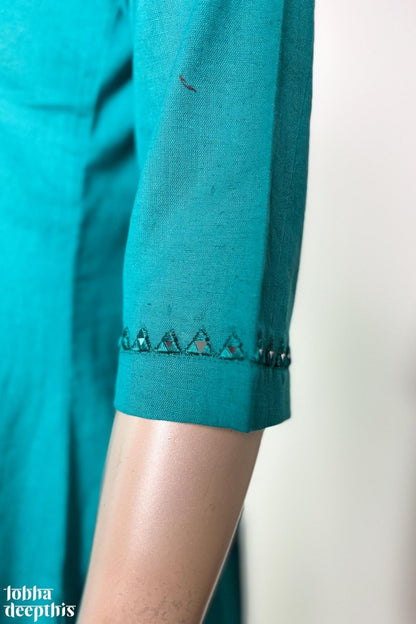 Mirrors on Teal Cotton Flax Kurta - Lobha Deepthis