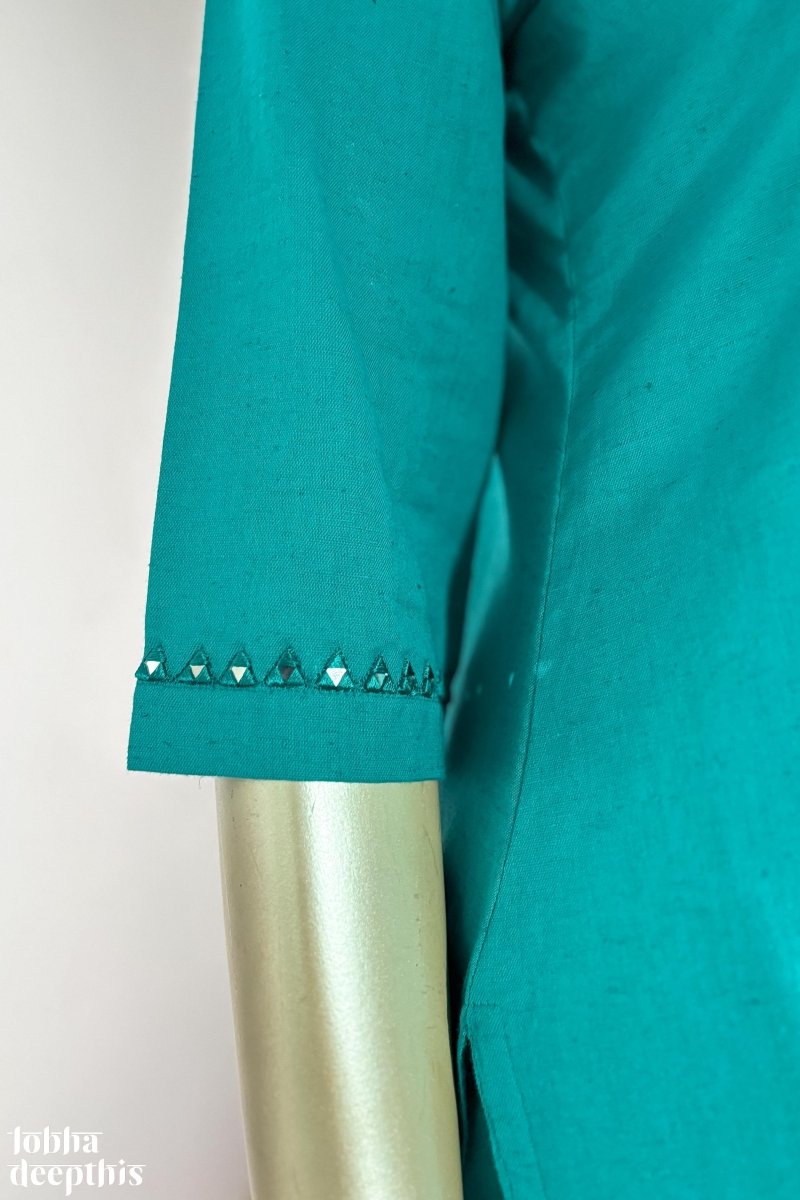 Mirrors on Teal Cotton Flax Kurta - Lobha Deepthis