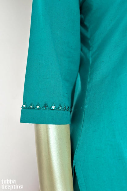 Mirrors on Teal Cotton Flax Kurta - Lobha Deepthis