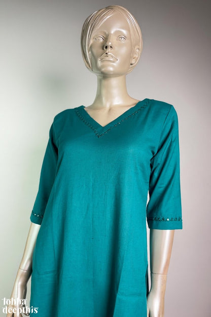 Mirrors on Teal Cotton Flax Kurta - Lobha Deepthis