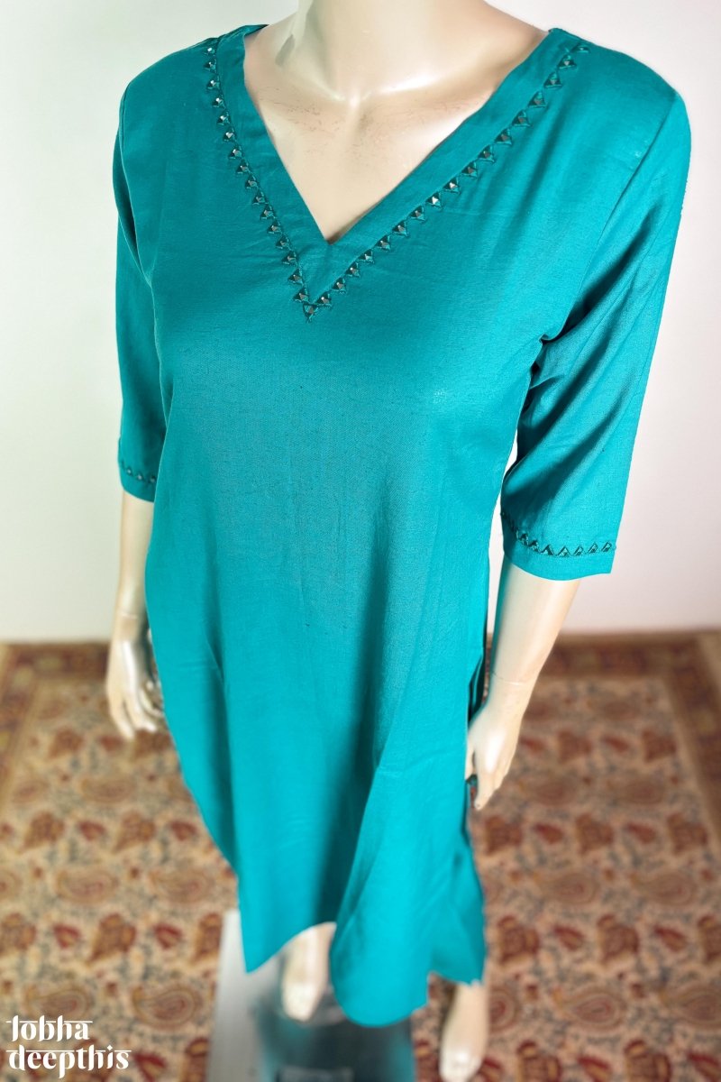 Mirrors on Teal Cotton Flax Kurta - Lobha Deepthis