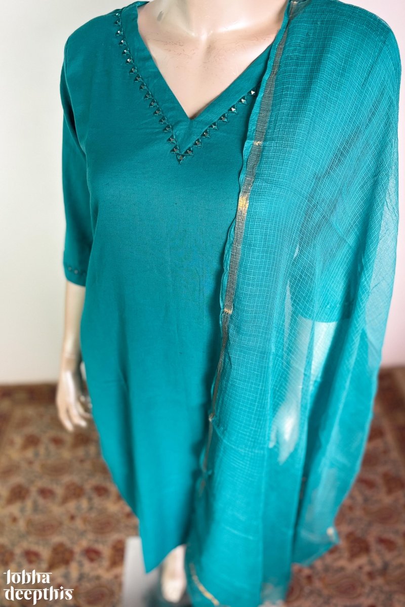 Mirrors on Teal Cotton Flax Kurta - Lobha Deepthis