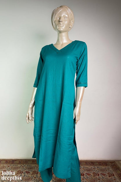 Mirrors on Teal Cotton Flax Kurta - Lobha Deepthis