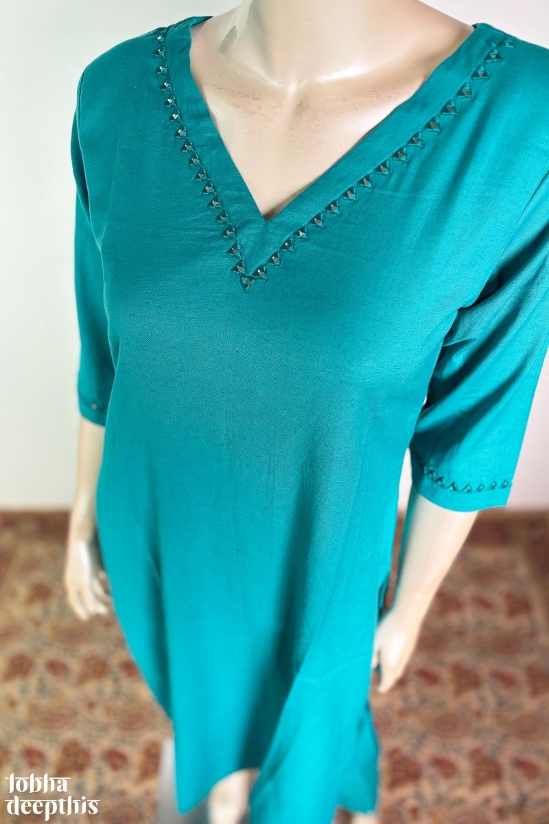 Mirrors on Teal Cotton Flax Kurta - Lobha Deepthis