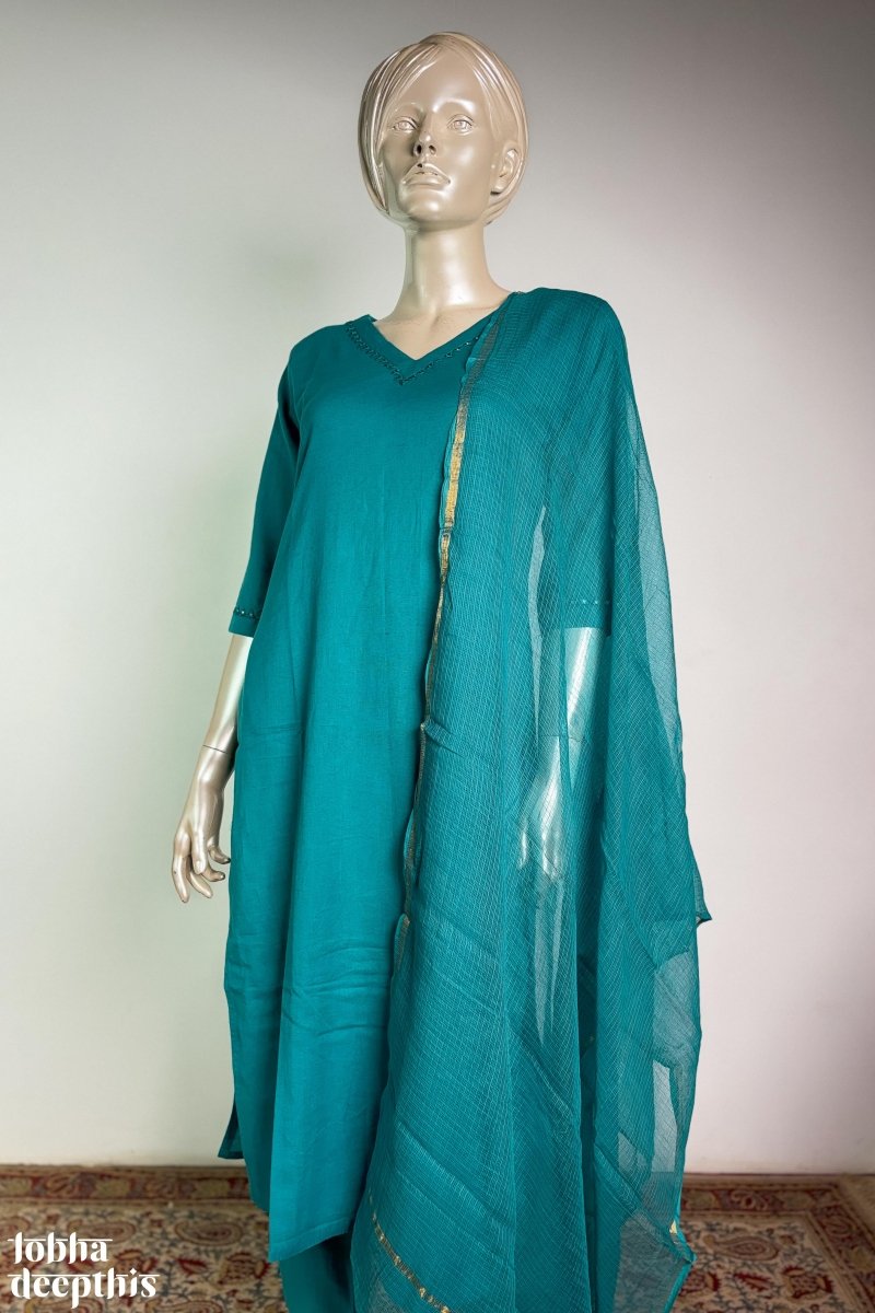 Mirrors on Teal Cotton Flax Kurta - Lobha Deepthis