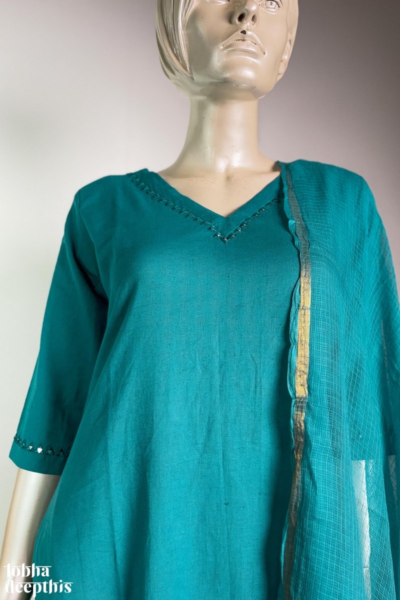 Mirrors on Teal Cotton Flax Kurta - Lobha Deepthis