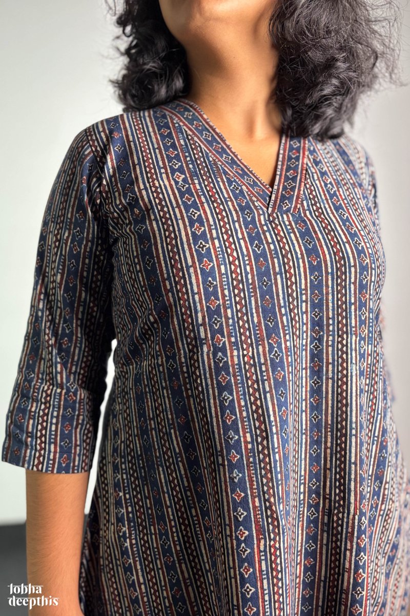 Mosaic Stripes Indigo Ajrakh Kurta - Lobha Deepthis