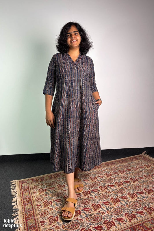 Mosaic Stripes Indigo Ajrakh Kurta - Lobha Deepthis