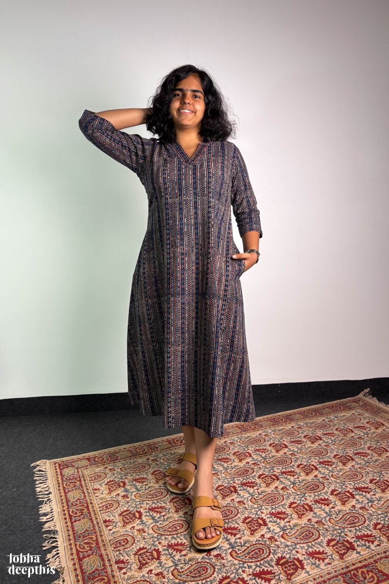 Mosaic Stripes Indigo Ajrakh Kurta - Lobha Deepthis