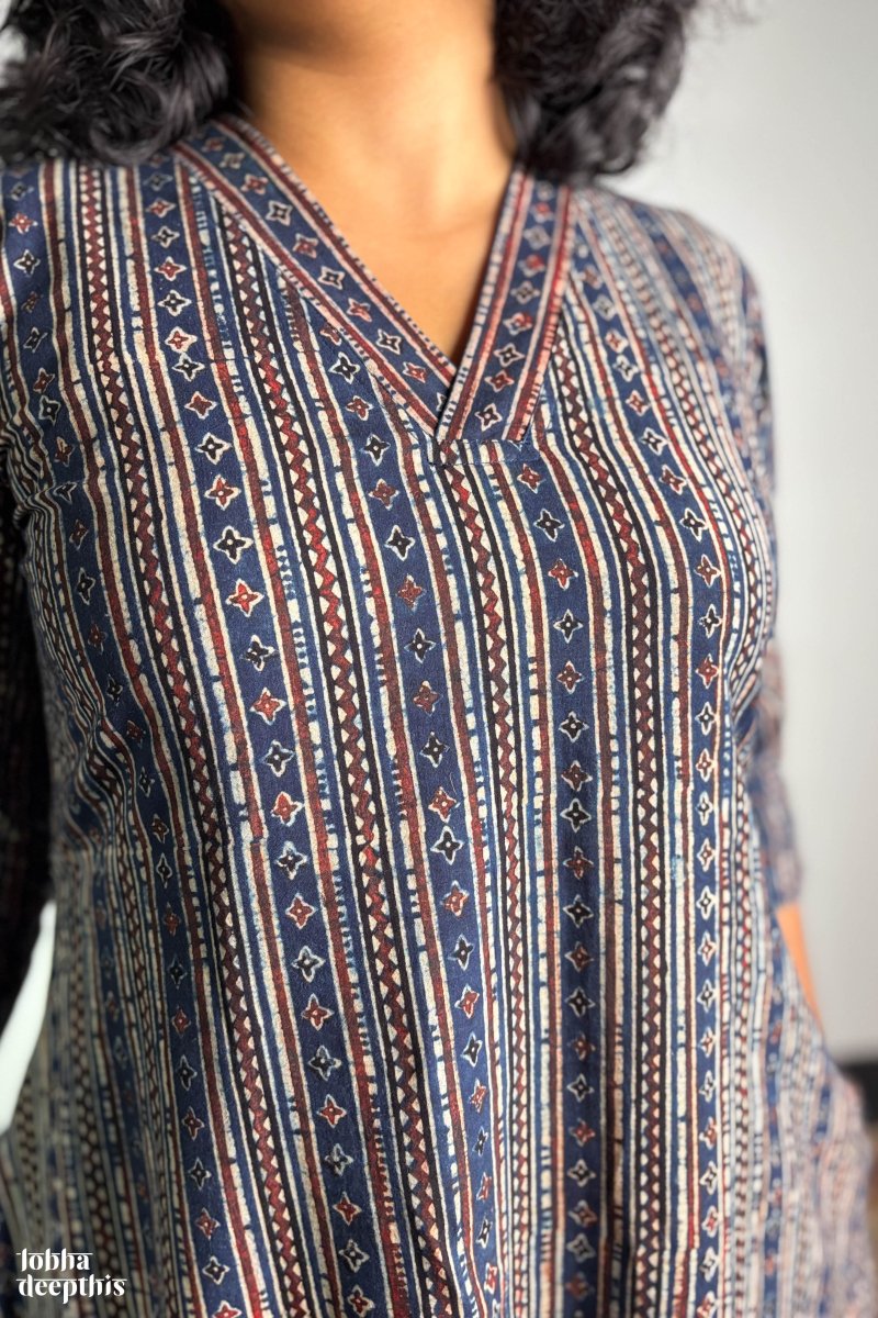 Mosaic Stripes Indigo Ajrakh Kurta - Lobha Deepthis