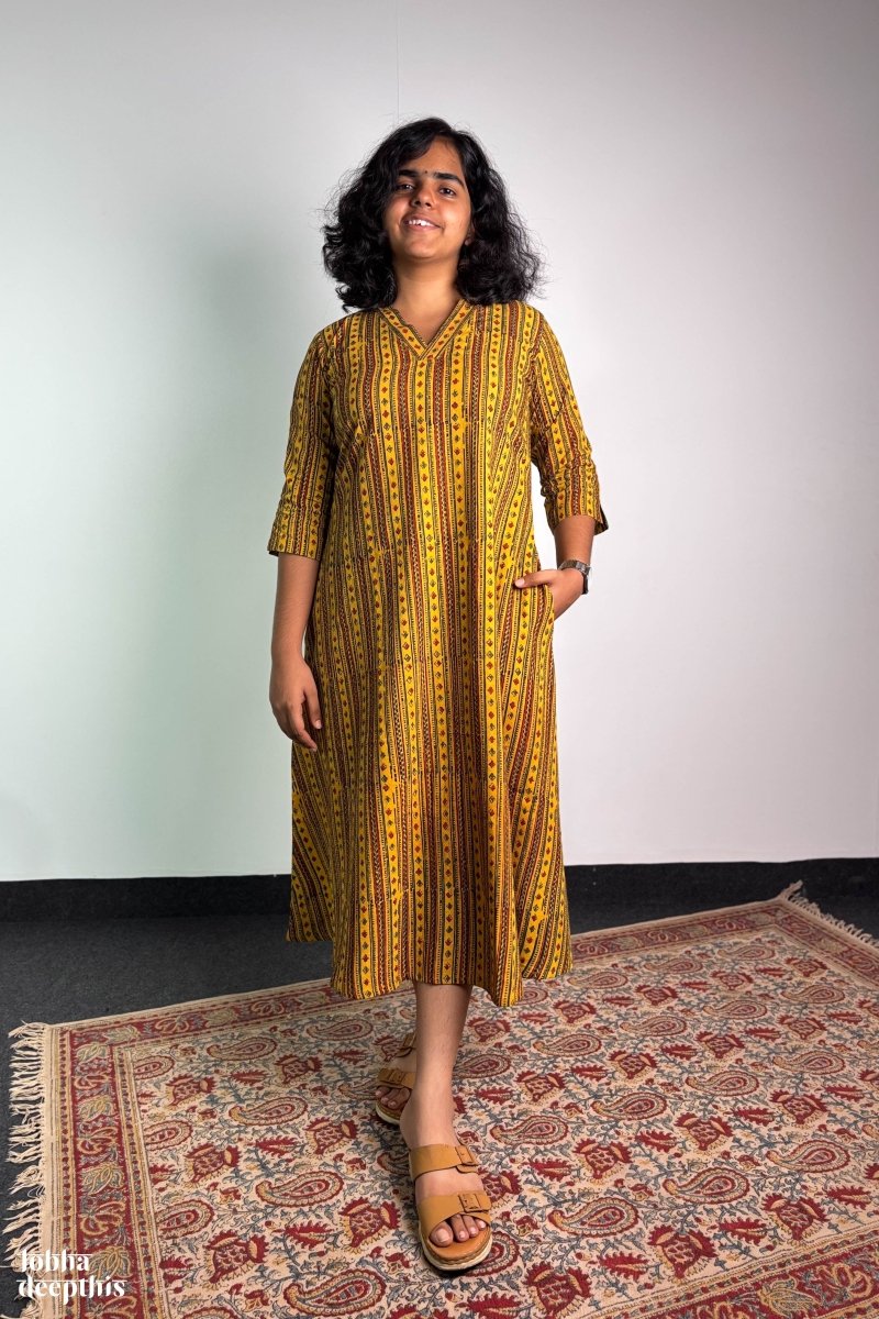 Mosaic Stripes Turmeric Ajrakh Kurta - Lobha Deepthis