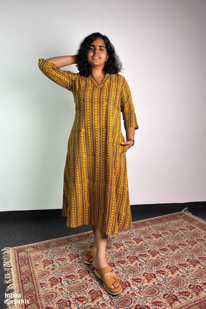 Mosaic Stripes Turmeric Ajrakh Kurta - Lobha Deepthis