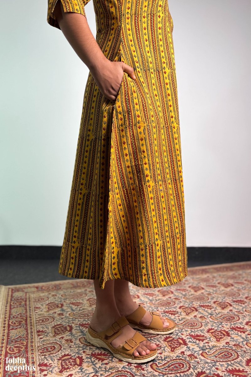 Mosaic Stripes Turmeric Ajrakh Kurta - Lobha Deepthis