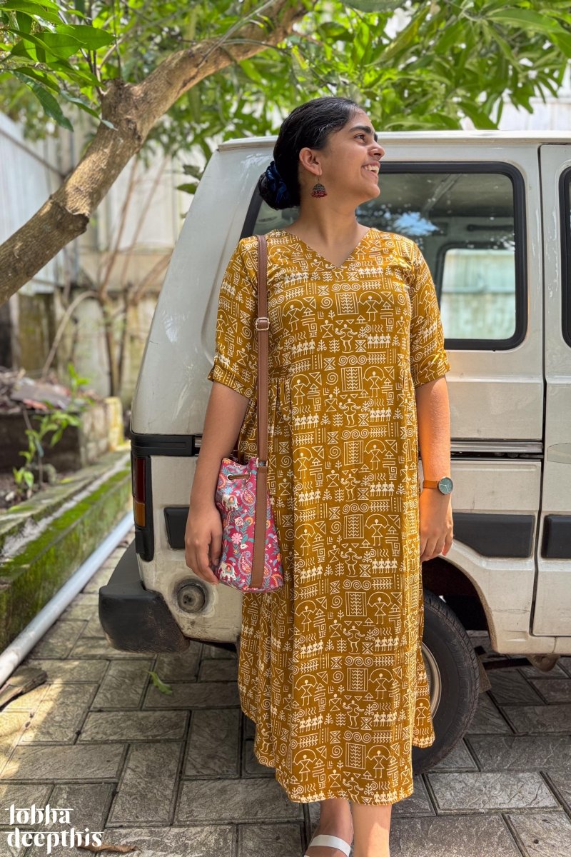 Mustard Yellow Mashru Silk Dress - Lobha Deepthis