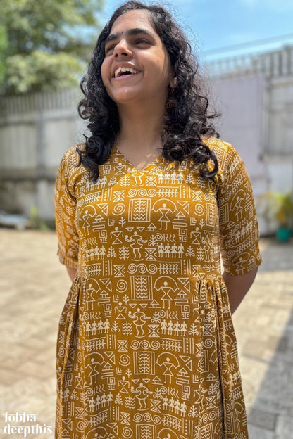 Mustard Yellow Mashru Silk Dress - Lobha Deepthis