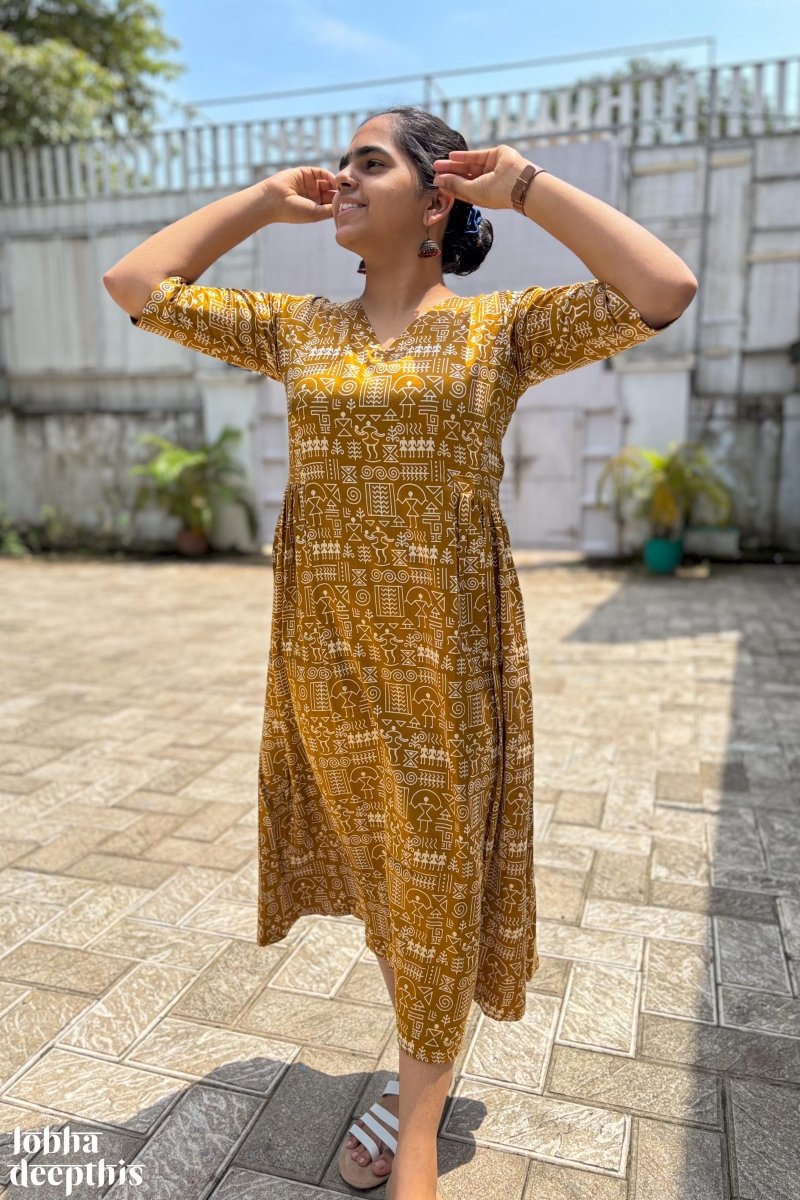 Mustard Yellow Mashru Silk/ Gajji Silk Pleated Dress- Lobha Deepthis Mustard Yellow Mashru Silk/ Gajji Silk Pleated Dress- Lobha Deepthis