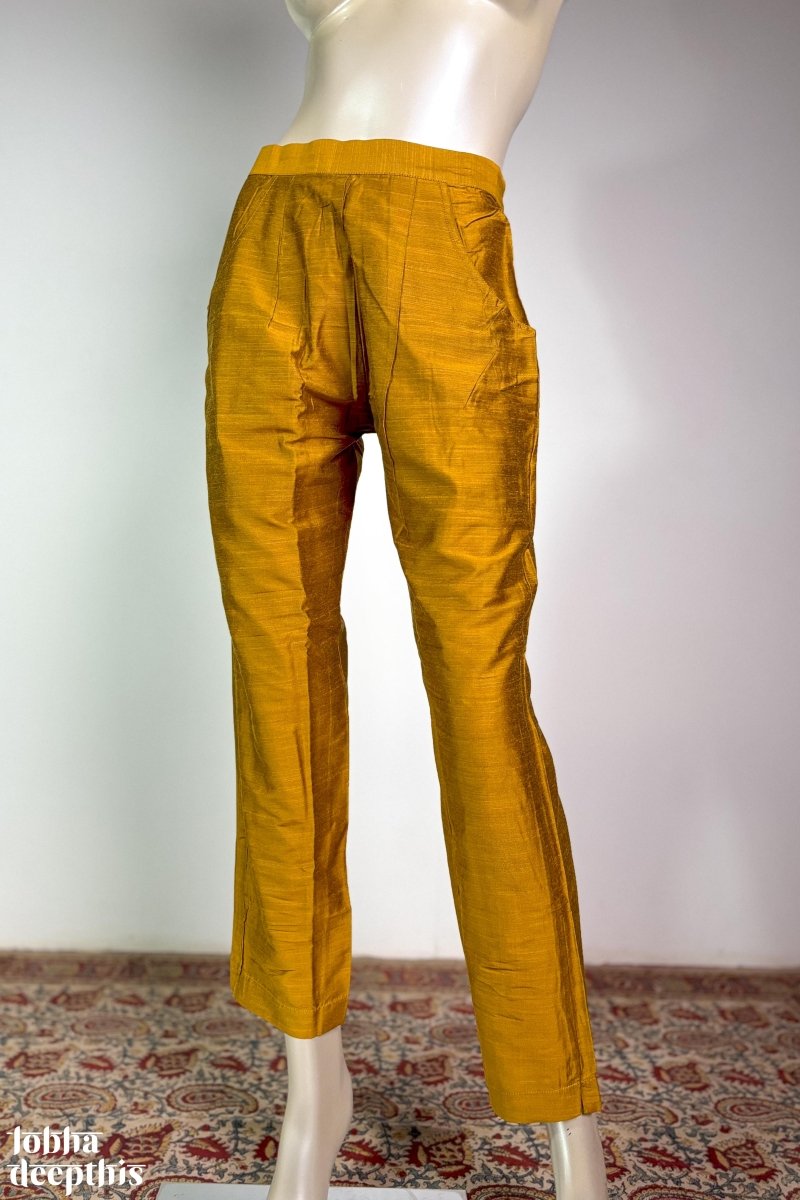 Mustard Yellow Slub Silk Pencil Pants - Lobha Deepthis