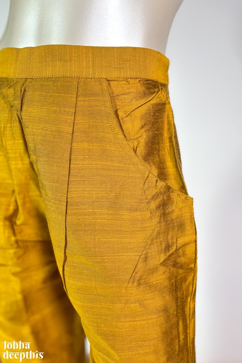 Mustard Yellow Slub Silk Pencil Pants - Lobha Deepthis