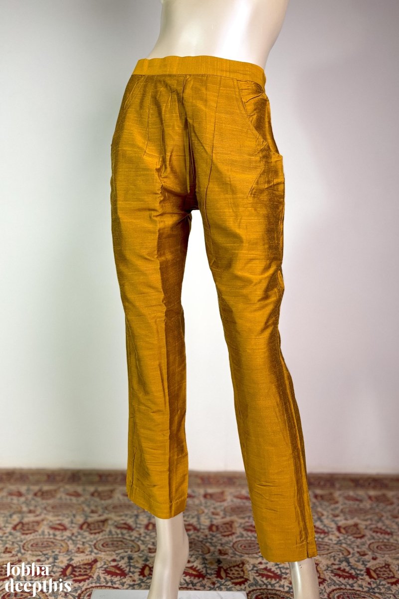 Mustard Yellow Slub Silk Pencil Pants - Lobha Deepthis