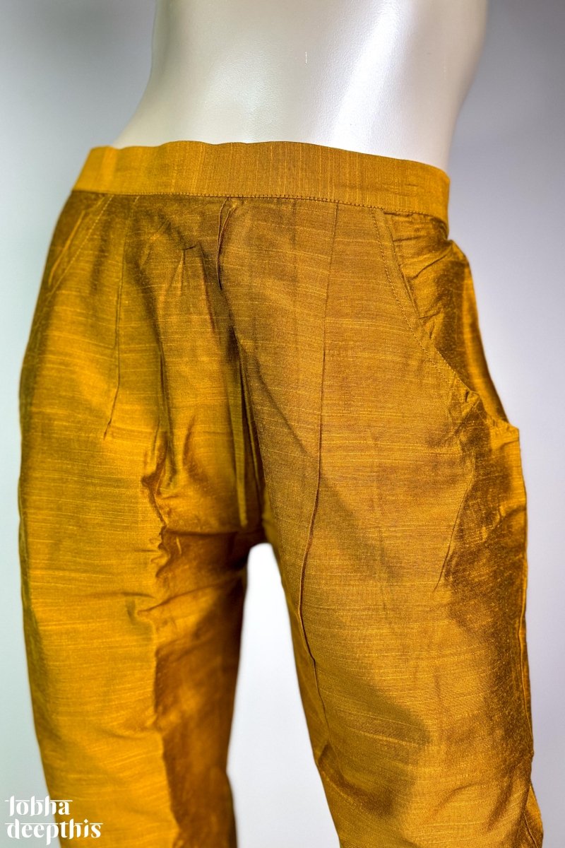 Mustard Yellow Slub Silk Pencil Pants - Lobha Deepthis