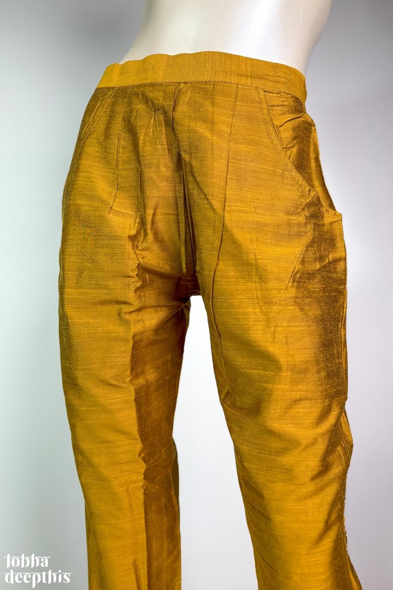 Mustard Yellow Slub Silk Pencil Pants - Lobha Deepthis