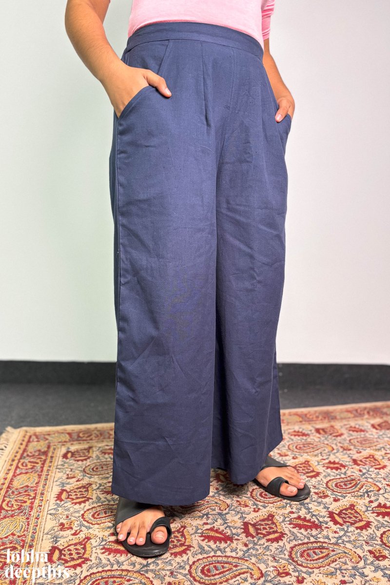 Navy Blue Cotton Flax Parallel Pants - Lobha Deepthis