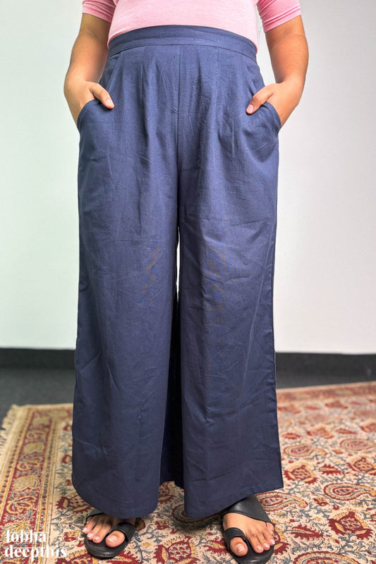 Navy Blue Cotton Flax Parallel Pants - Lobha Deepthis