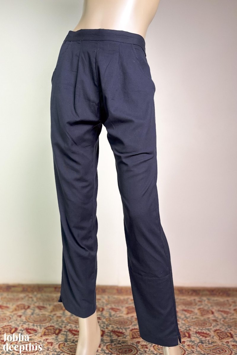 Navy Blue Cotton Flax Pencil Pants - Lobha Deepthis