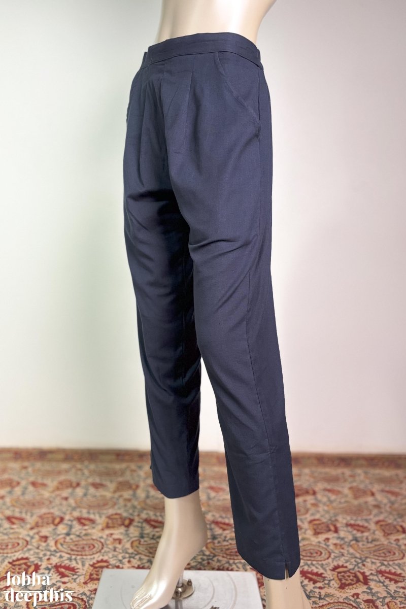 Navy Blue Cotton Flax Pencil Pants - Lobha Deepthis