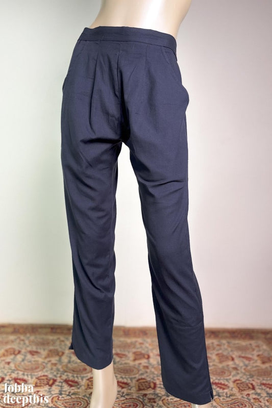 Navy Blue Cotton Flax Pencil Pants - Lobha Deepthis