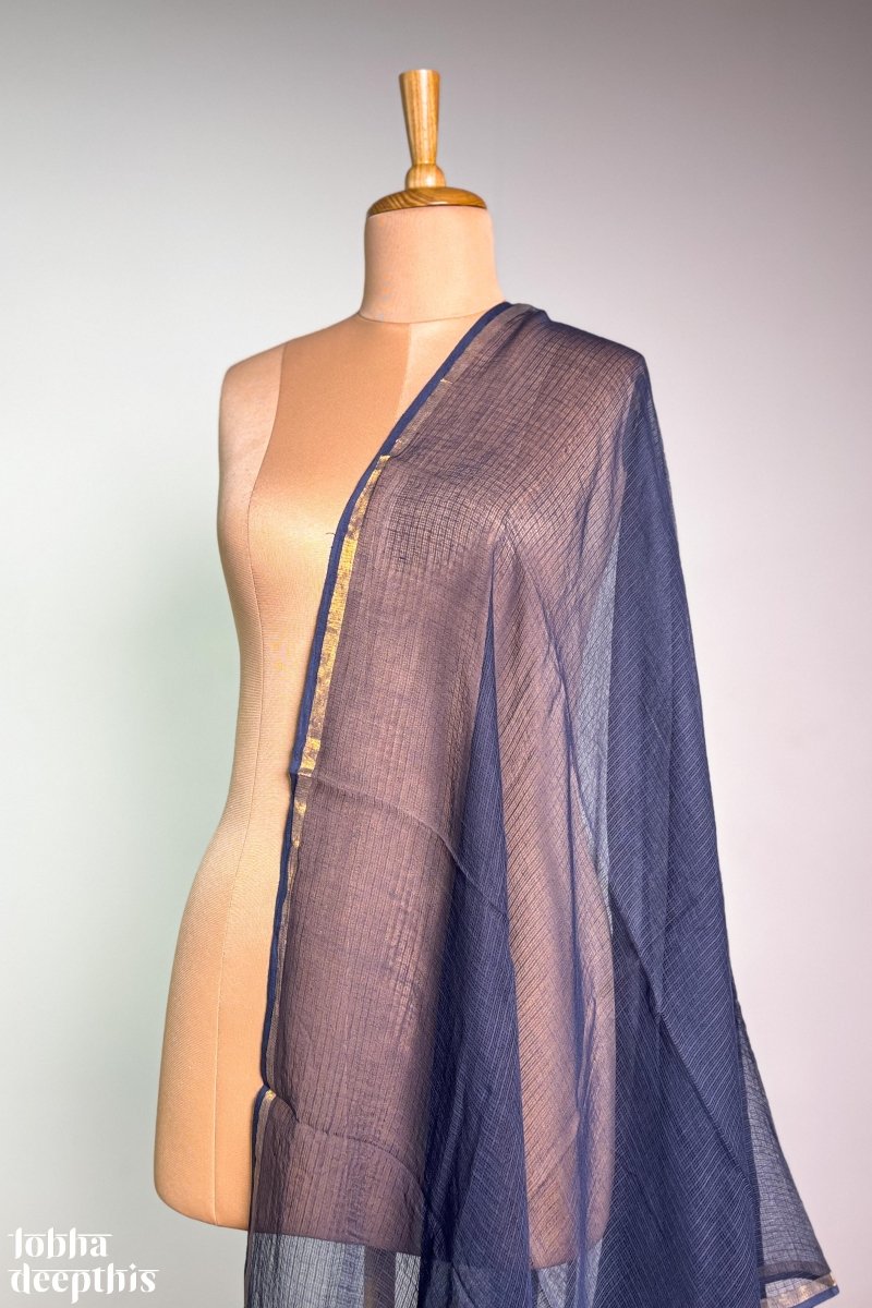 Navy Blue Plain Kota Doria Dupatta - Lobha Deepthis